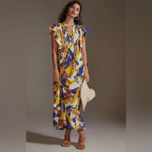 Maeve by Anthropologie Cassandra Maxi Dress XL Colorful flutter sleeve birds